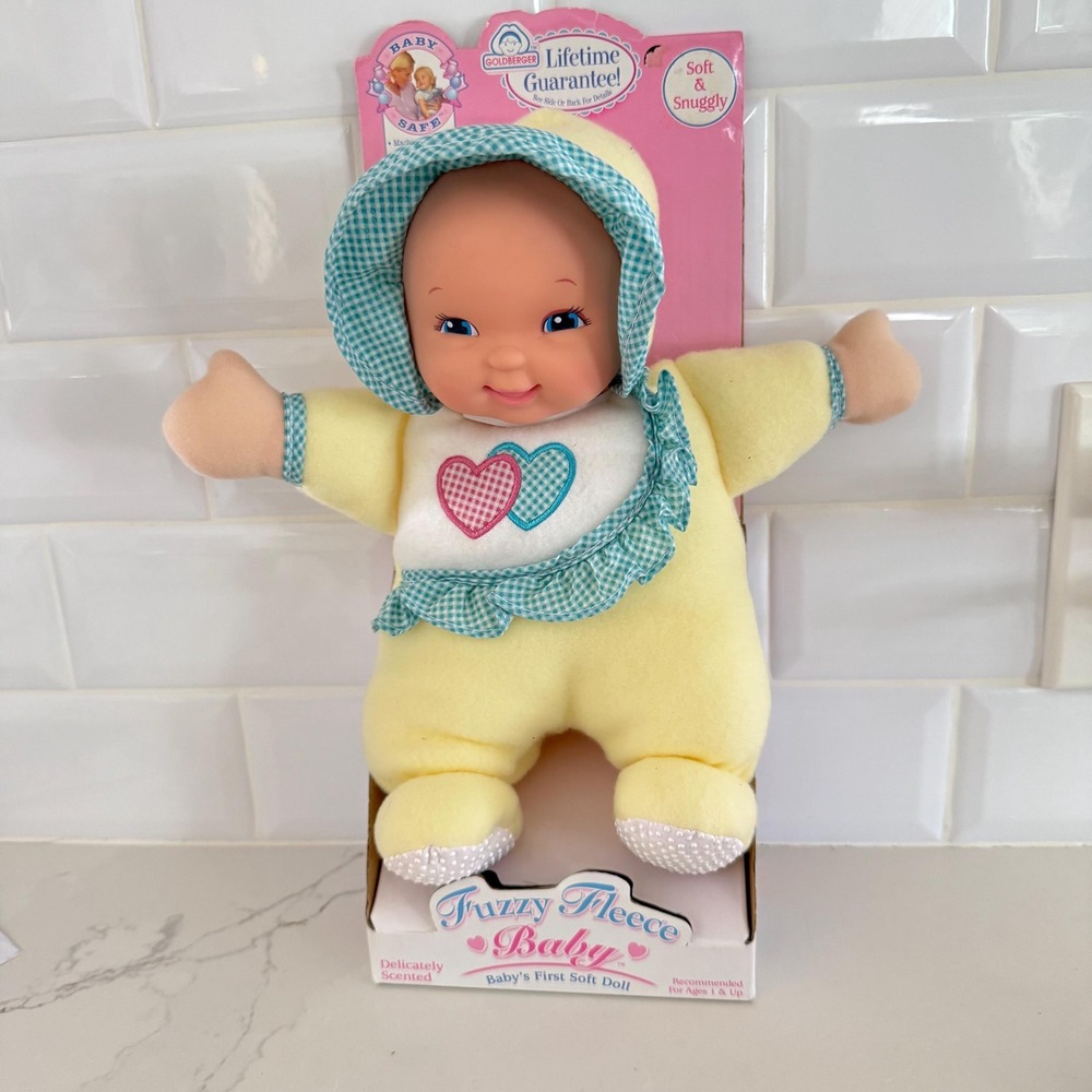 Vintage Goldberger Fuzzy Fleece Baby Plush Doll NEW IN BOX Yellow PJ's Baby Safe